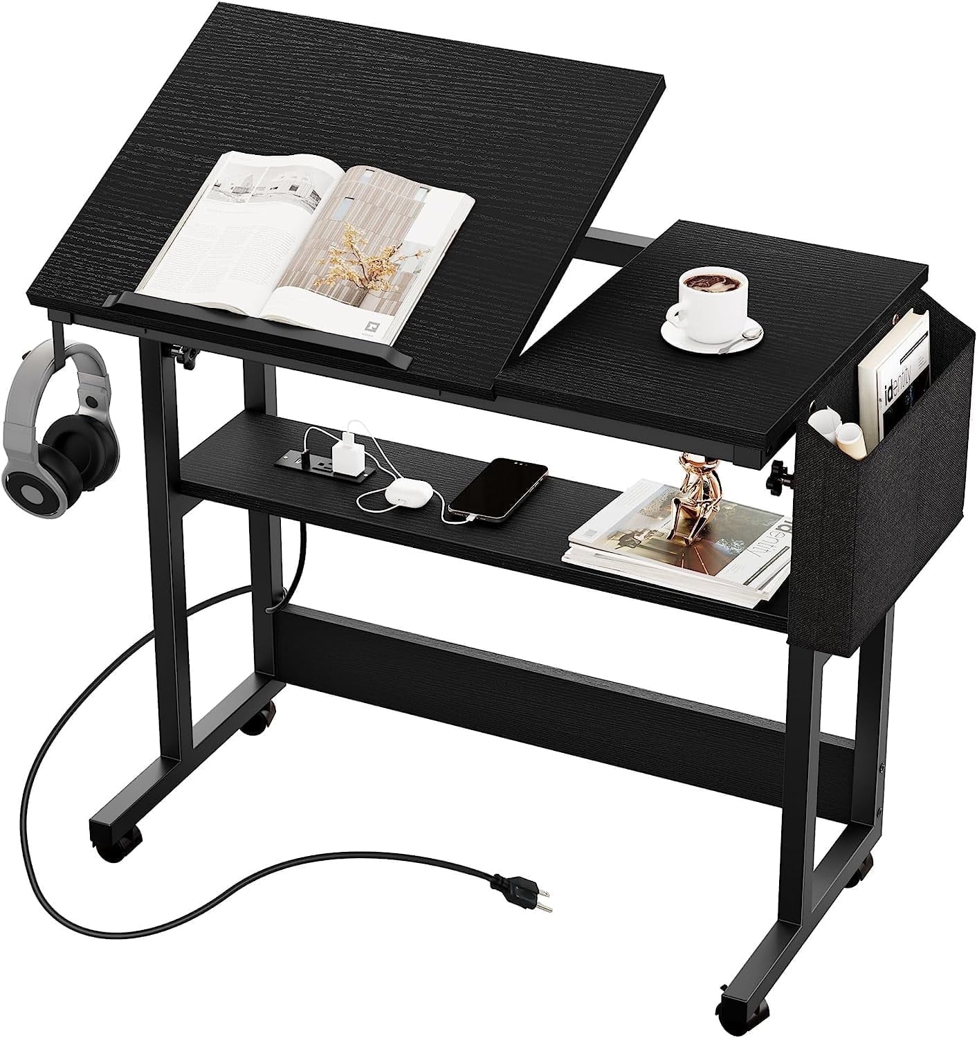 DEXTRUS Height Adjustable Table with Charging Station, Portable Desk with Wheels, Small Standing Rolling Computer Desk with Tiltable Tabletop and Storage Bag, Black