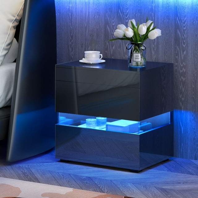 Dextrus High Gloss LED Nightstand, 22" Smart Bedside Table with