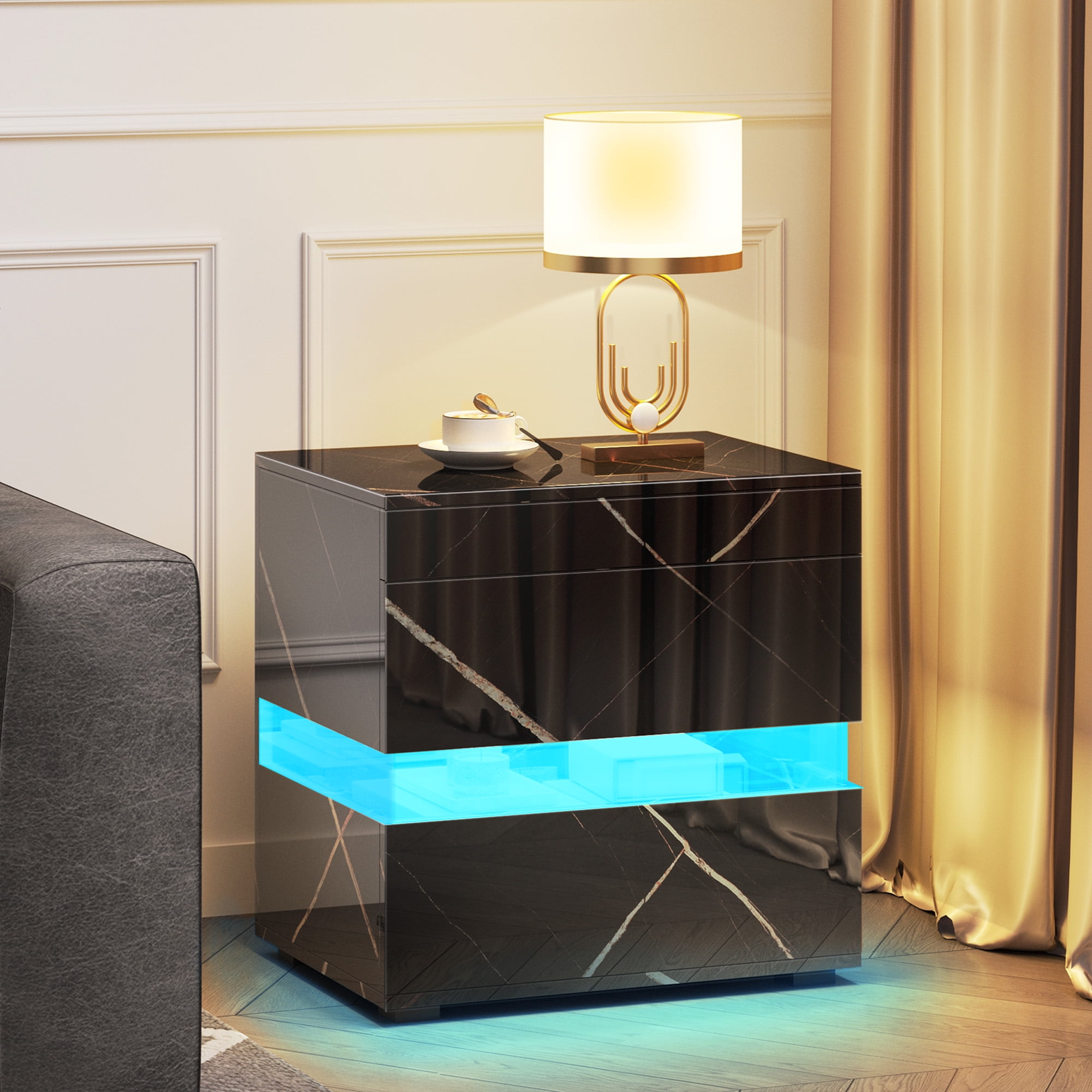 Dextrus High Gloss LED Nightstand, Acrylic Bedside Table with 3 Drawers ...