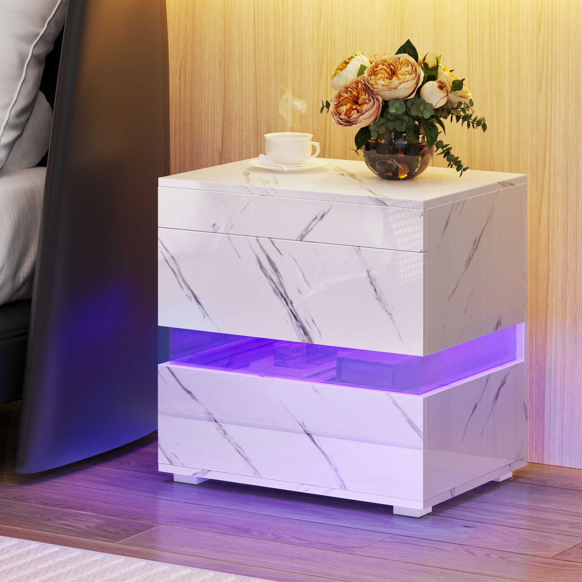 Dextrus High Gloss LED Nightstand, Acrylic Bedside Table with 3 Drawers
