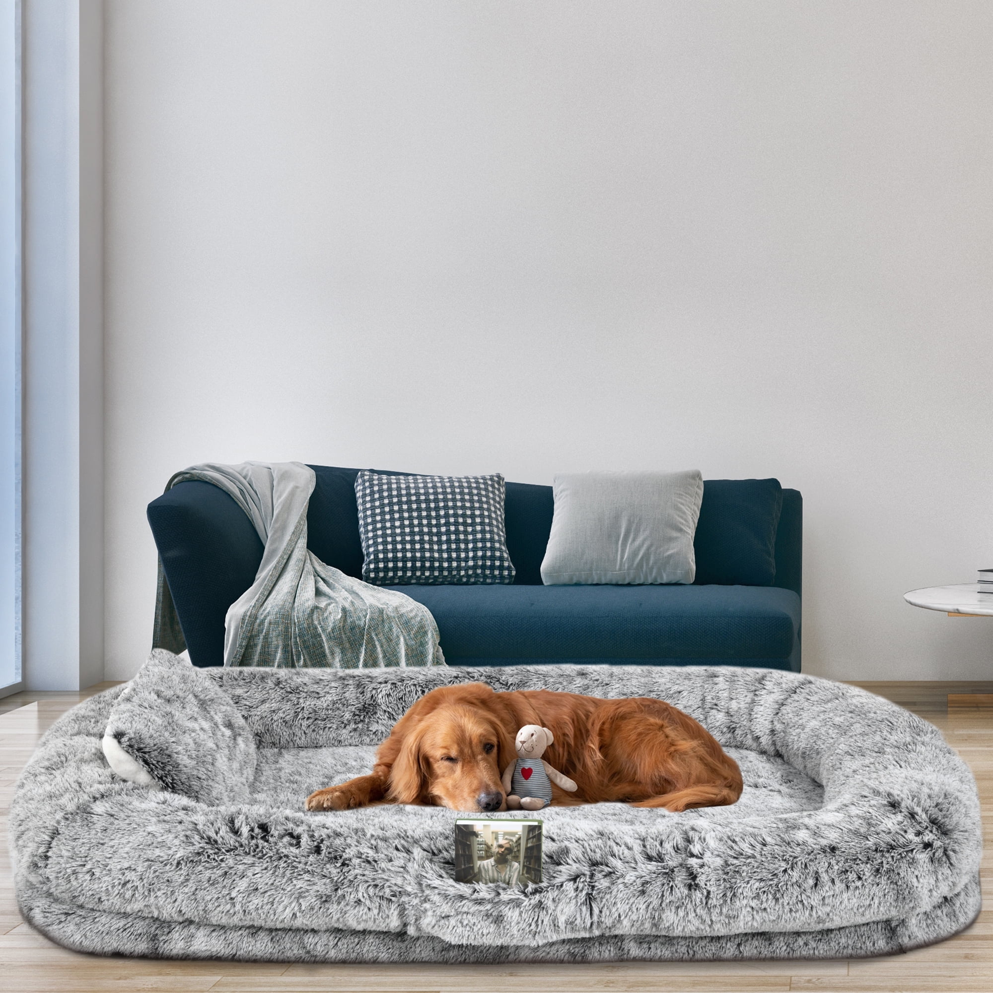 Dextrus Human Dog Bed, Oversized Memory Foam Dog Bed, 79"x43" with Included Blanket and Pillow, RMachine Washable Fur Cover, Dark Brown