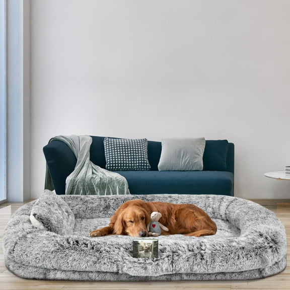 Dextrus Human Dog Bed, Oversized Memory Foam Dog Bed, 79"x43" with Included Blanket and Pillow, RMachine Washable Fur Cover, Dark Brown