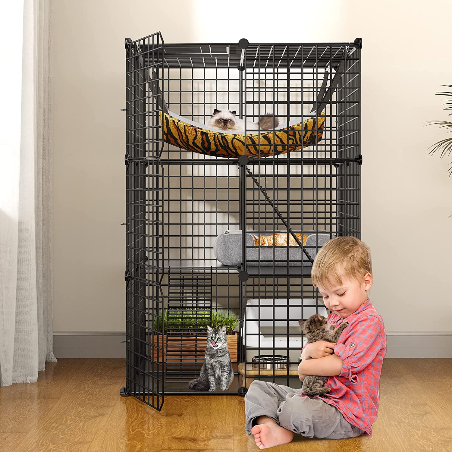 Dextrus Indoor Cat Cage DIY Cat Enclosures Metal Playpen with 3 Tiers