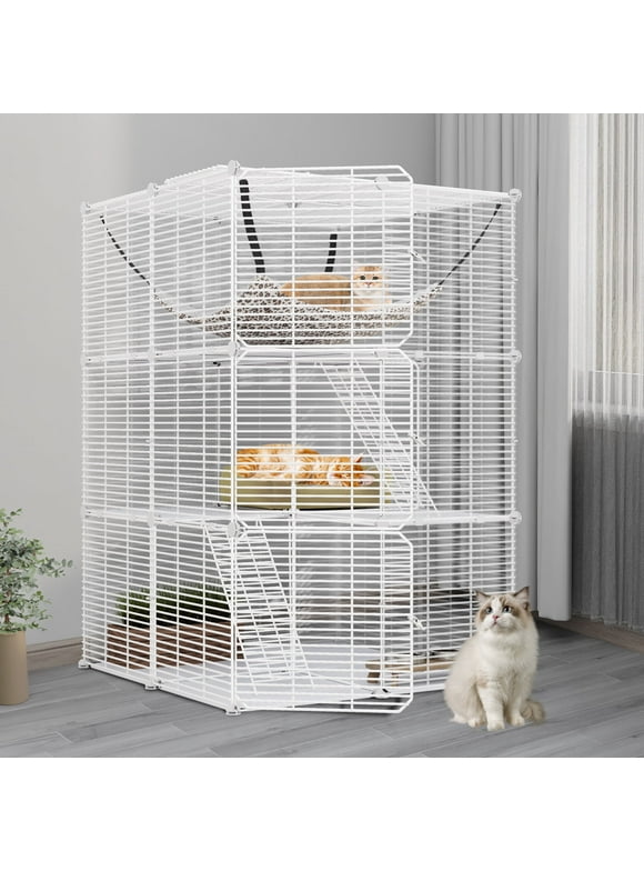 Dextrus Indoor Cat Cage with Extra Large Hammock for 1-2 Cats - DIY Cat Enclosure for Multiple Small Animals Cats, Ferret, Chinchilla, Rabbit,(28"L x 28"W x 41"H,White)