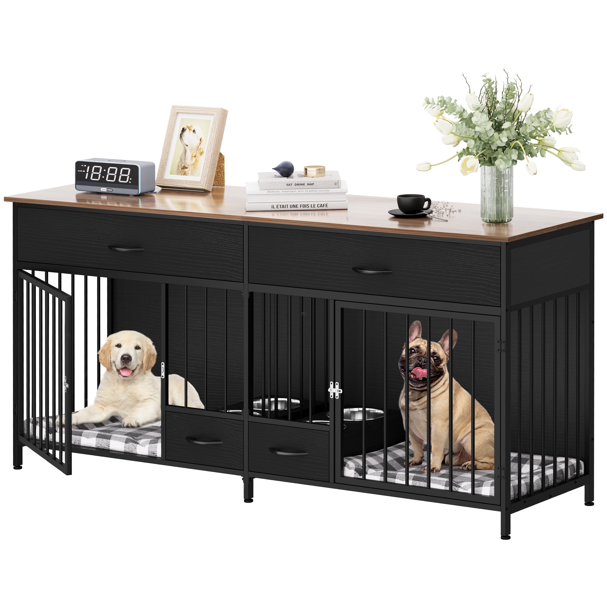 Dextrus Indoor Dog Crate Furniture Large Breed with Storage Dog Feeder Double Dog Kennel Furniture TV Stand 74.8 Inch Wooden Decorative Dog Kennel