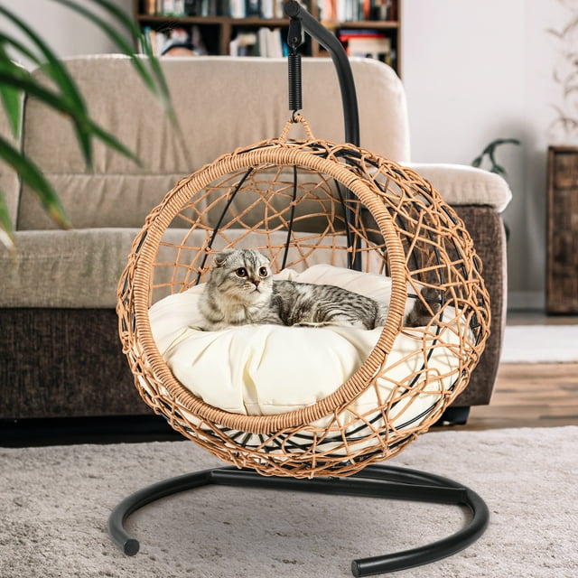 Dextrus Indoor Hanging Cat Swing Bed with Stand & Cushion, Stylish Rattan Wicker Design, Perfect