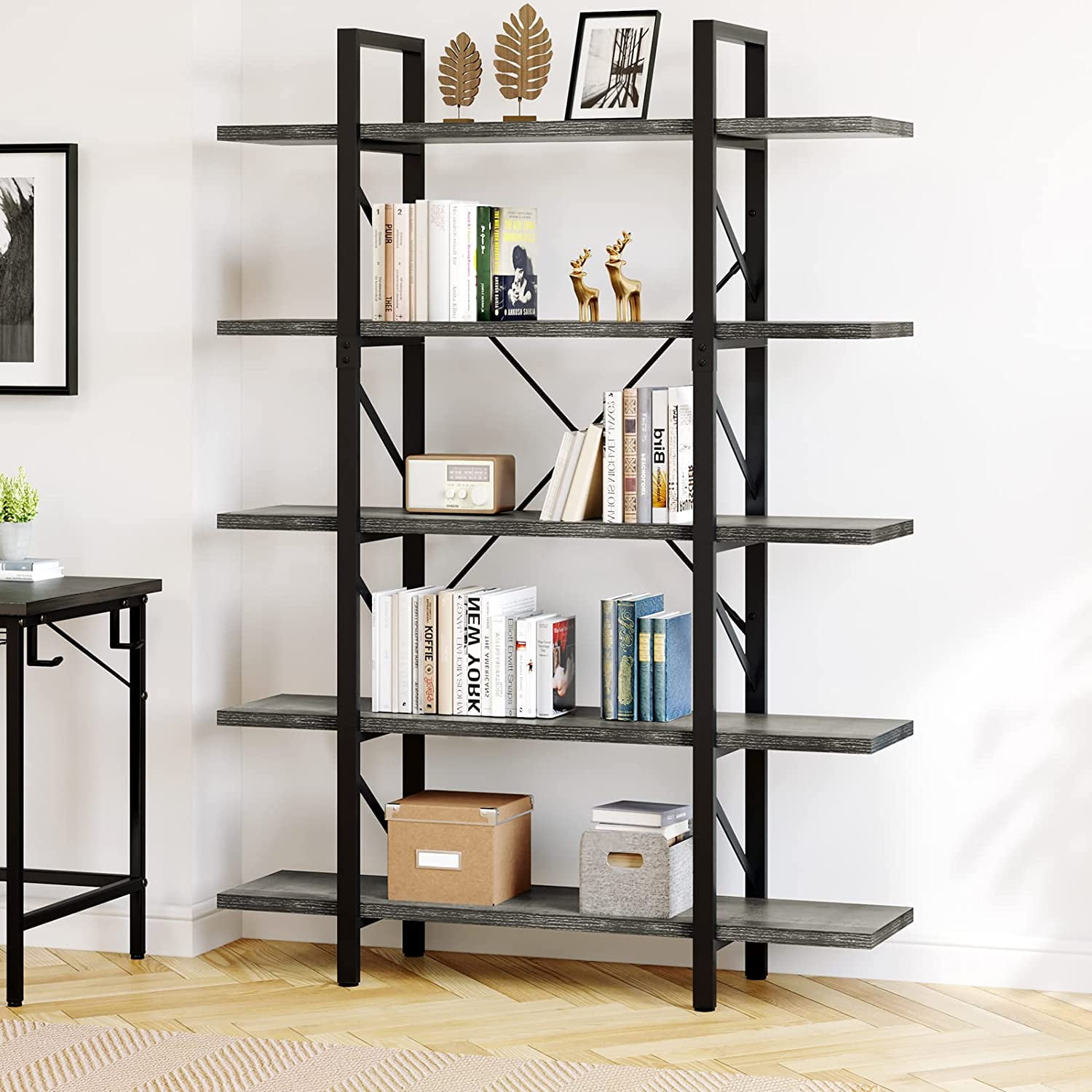 Dextrus Industrial 5 Shelf Bookcase, Modern Free Standing Bookshelf