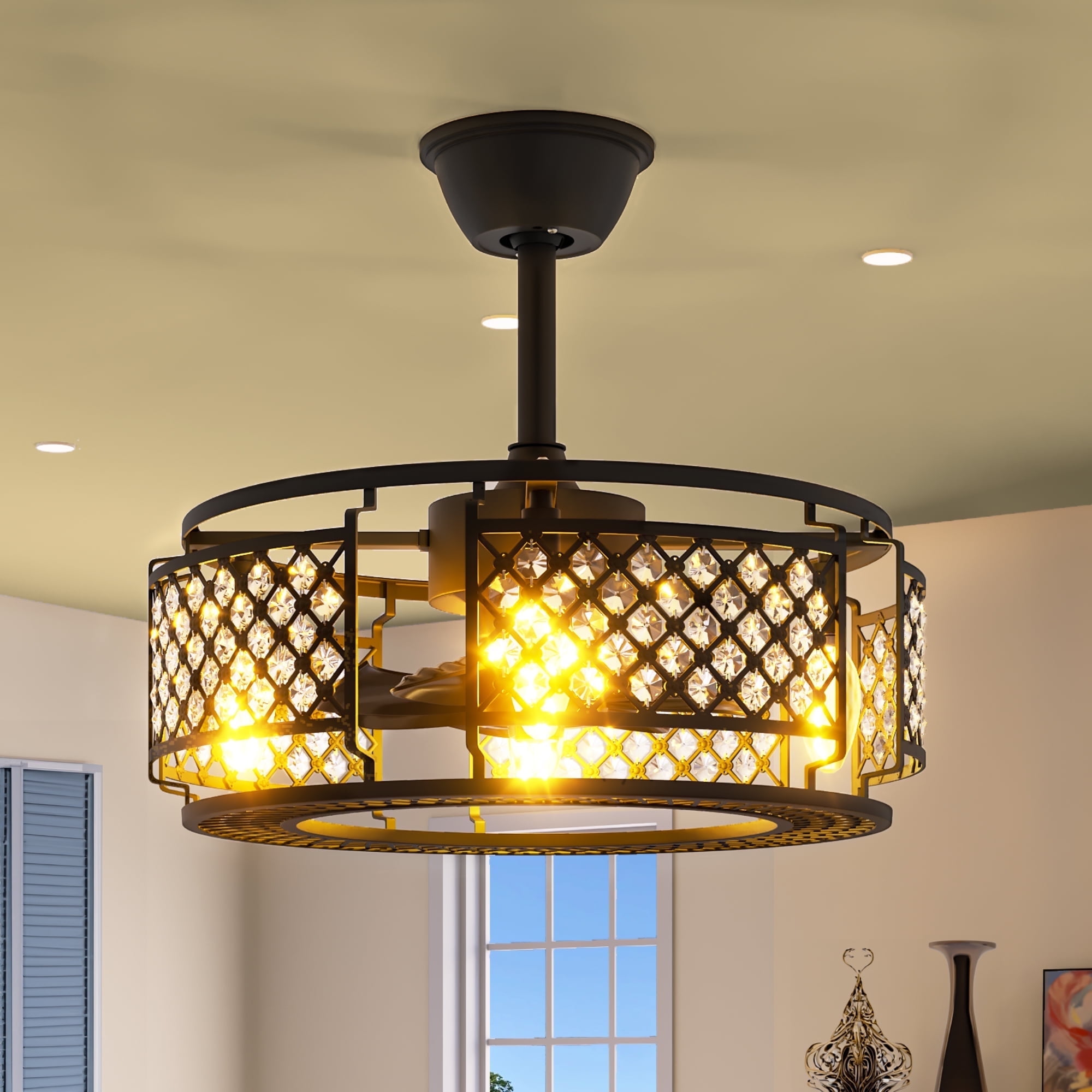 Dextrus Industrial Ceiling Fan with Remote, 3 Speed and 3 ABS Blades Indoor Crystal Chandelier Fan for Living Room Bedroom Study Dining Room, Matte Black