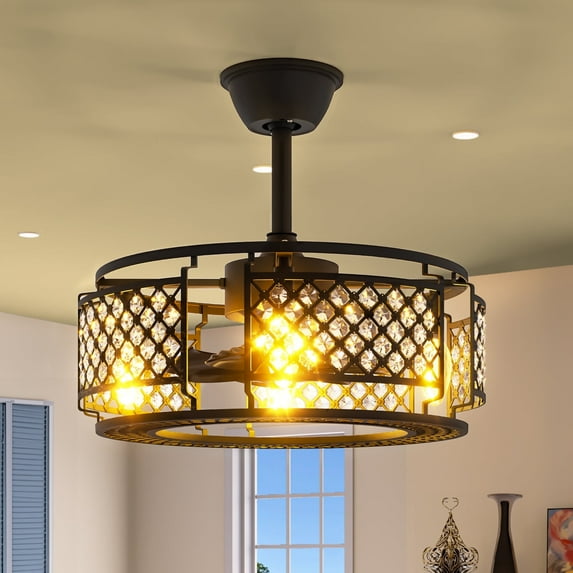 Dextrus Industrial Ceiling Fan with Remote, 3 Speed and 3 ABS Blades Indoor Crystal Chandelier Fan for Living Room Bedroom Study Dining Room, Matte Black