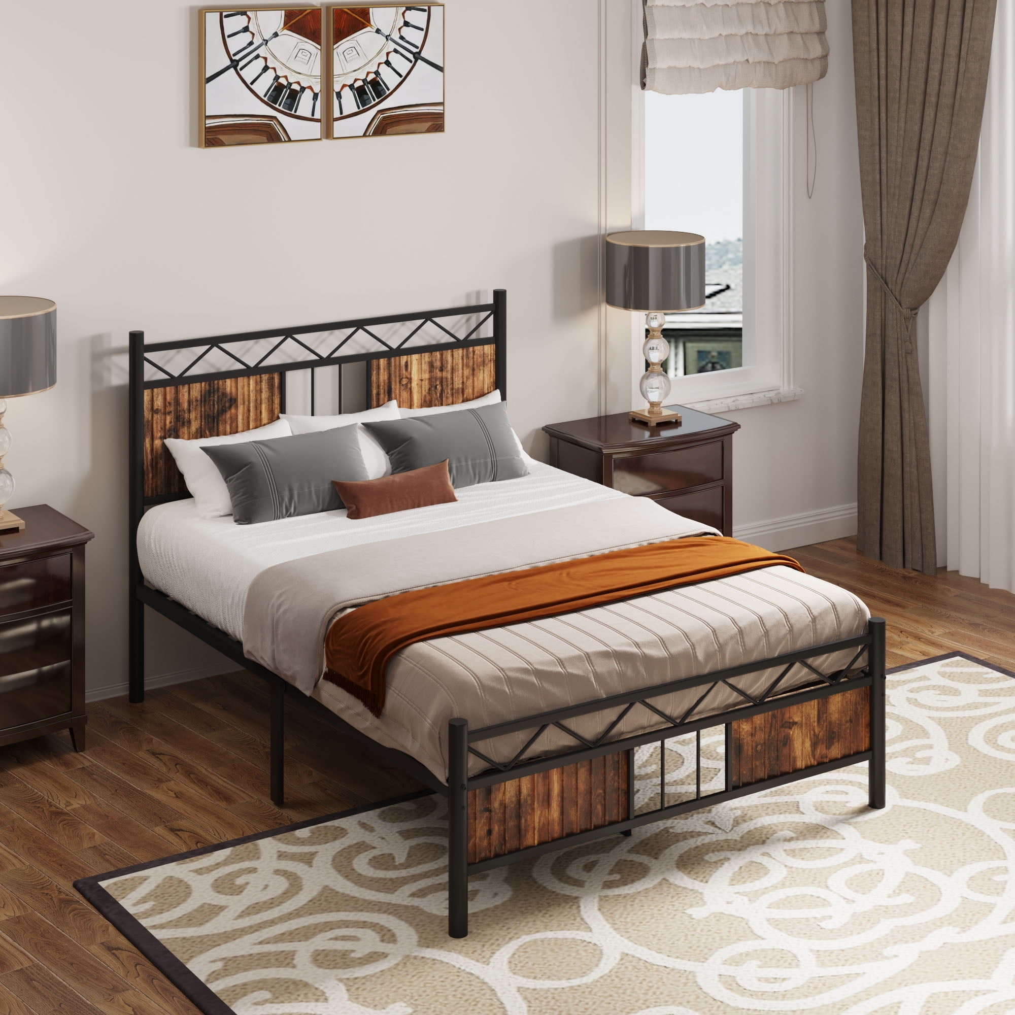 DEXTRUS Industrial Full Size Platform Metal Bed Frame with Headboard & Soundproof, Black and Brown