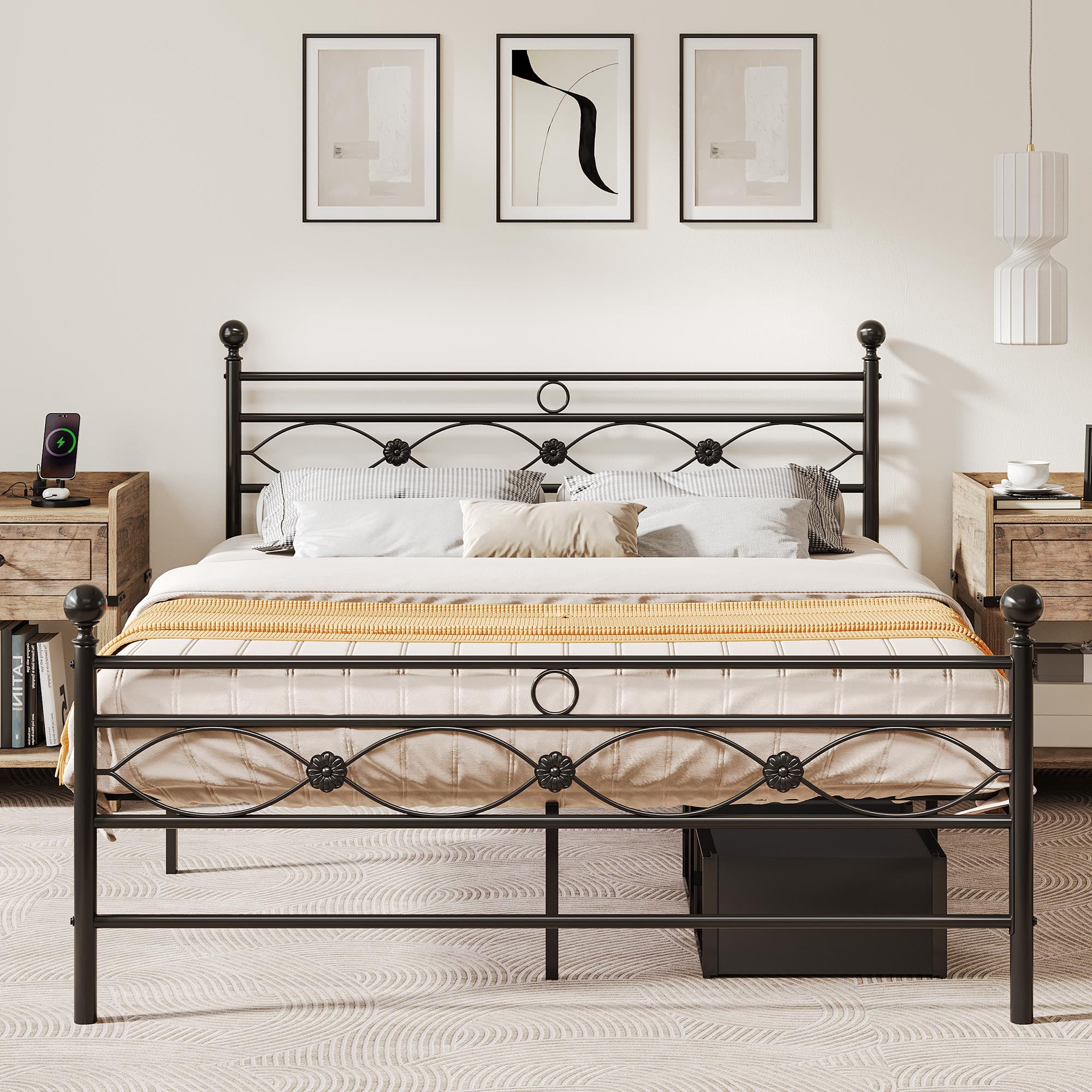 Dextrus Industrial Full Size Platform Metal Bed Frame with Headboard & Soundproof Cotton, No Box Spring Needed