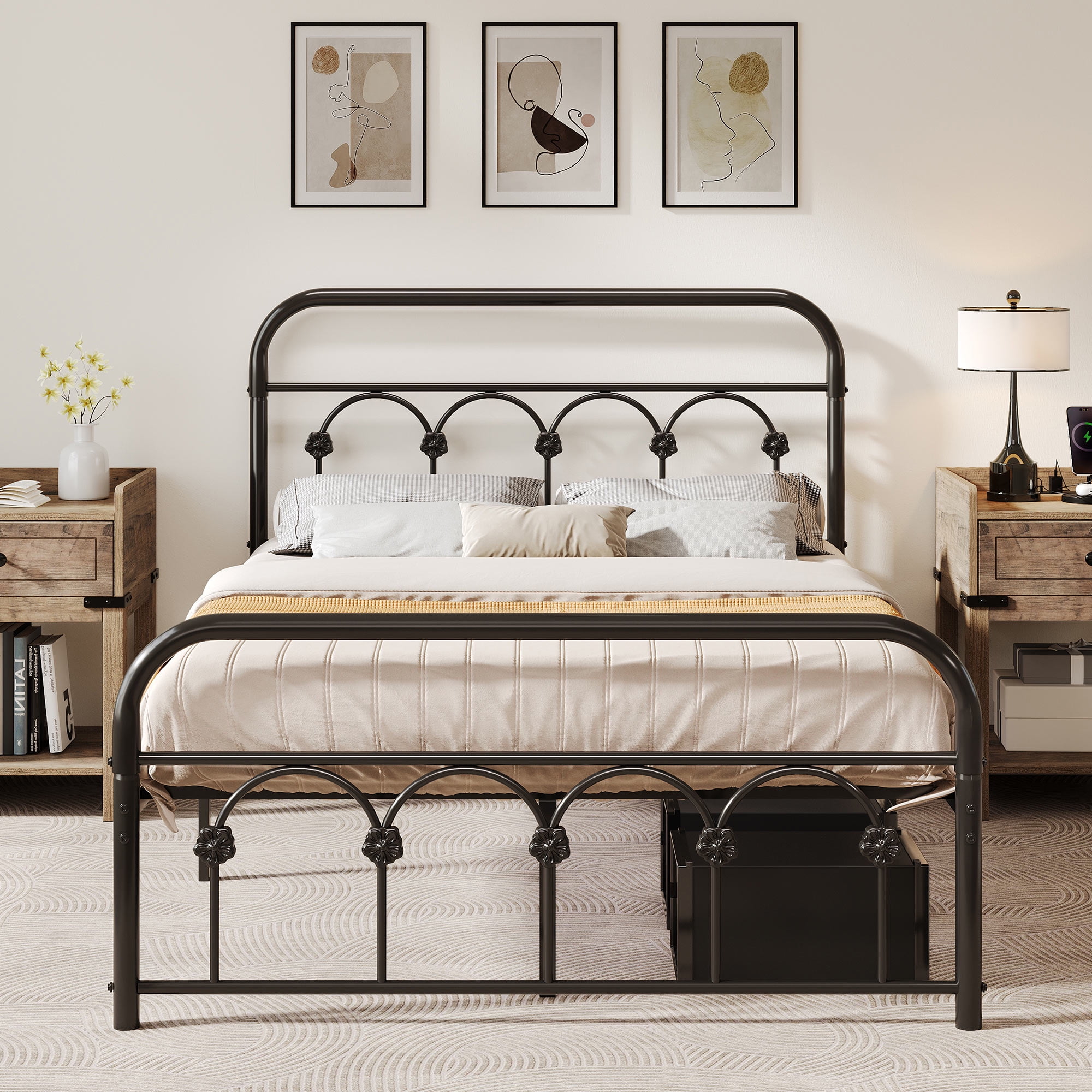 Dextrus Industrial Full Size Platform Metal Bed Frame with Headboard