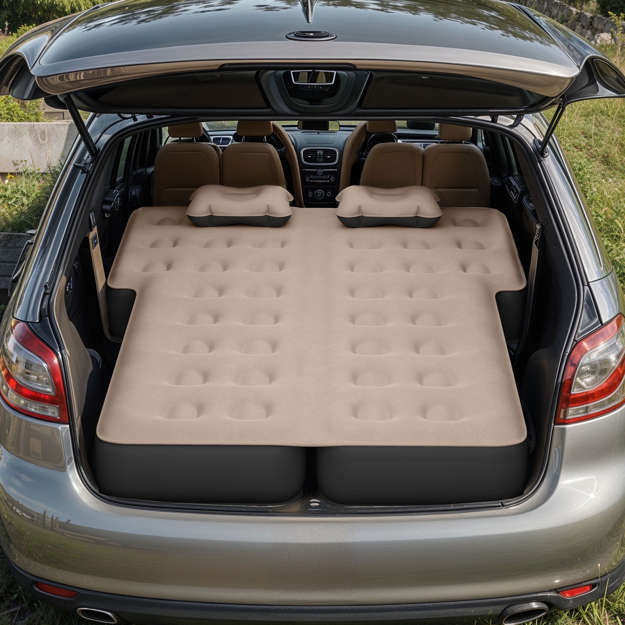 Dextrus Inflatable Car Air Mattress with Pump, Portable SUV Air Bed with Pillows for Camping, Home, Travel, Brown