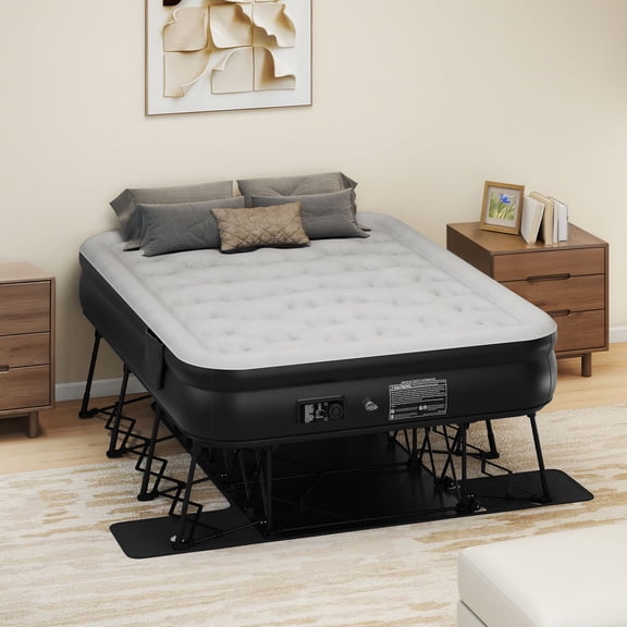 Dextrus Inflatable Queen Air Mattress with Built-in Pump, Frame, Velvet Surface & Portable Storage Case, Gray & Black