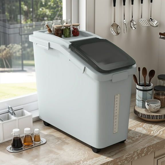 DEXTRUS Gray PP Commercial Flour and Rice Storage Bin with Wheels, Scoop, and Lid