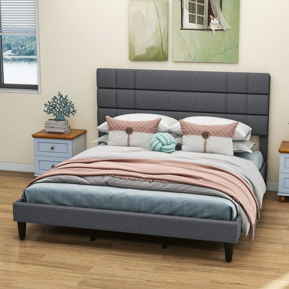 Dextrus King Bed Frame, Durable Metal & Wood Build, Quiet & Stylish Design, No Box Spring Needed, Easy-to-Assemble, 43.3" Linen Upholstered Headboard, Dark Grey