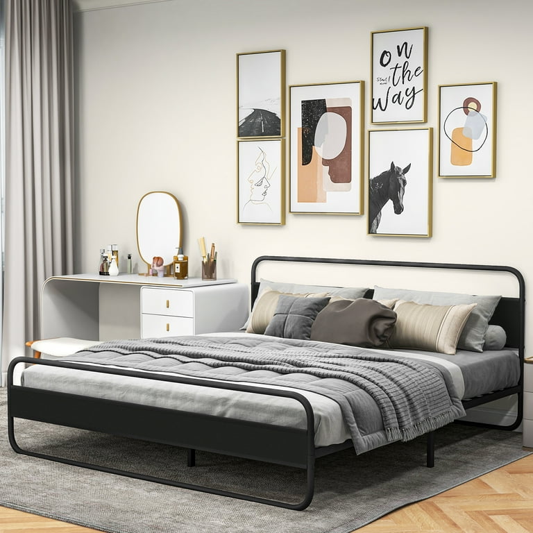 Dextrus King Bed Frame Sturdy Metal Platform with Wooden Headboard No Box Spring Required Black
