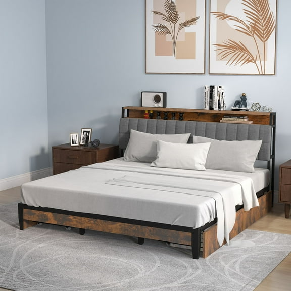 Dextrus King Bed Frame with Charging Station and Storage, Industrial Platform Bed, Rustic Brown