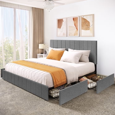 King Size Bed Frame With Storage Drawers & LED Headboard – Charging Station, No Box Spring Needed