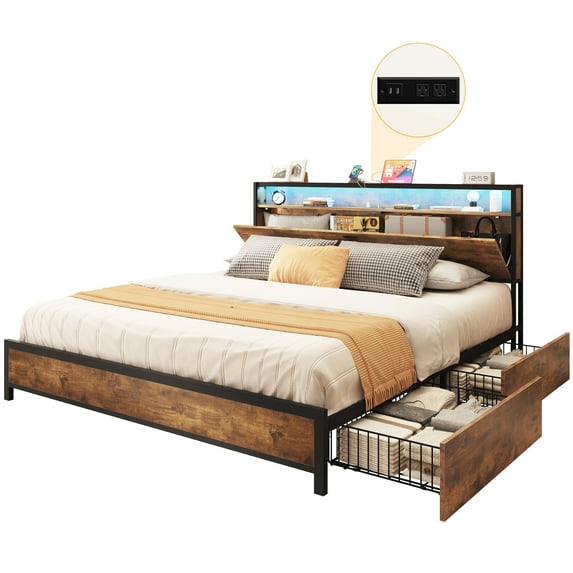 Dextrus King Size Bed Frame, Platform Bed with Storage Headboard, LED Light Strip, USB Ports & Charging Outlets, Four Storage Drawers, No Box Spring Needed, Easy Assembly - Vintage Brown