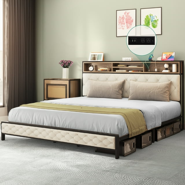 Dextrus King Size Bed Frame with Charging Station Footboard Metal Slats ...