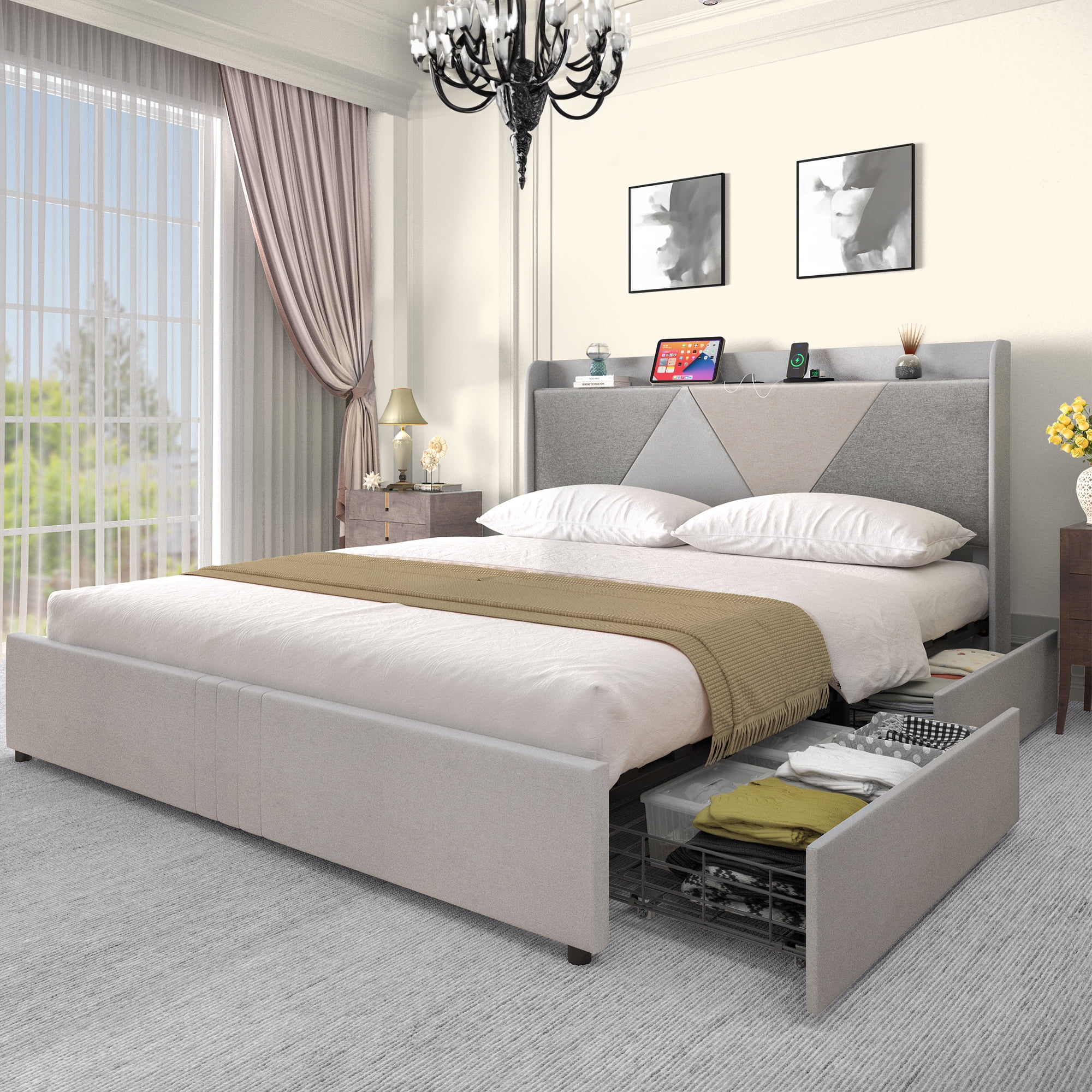Dextrus King Size Bed Frame with Integrated USB Ports, No Box Spring Required,Grey