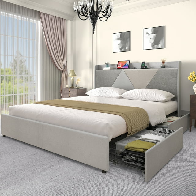 Dextrus King Size Bed Frame with Integrated USB Ports, No Box Spring Required,Grey