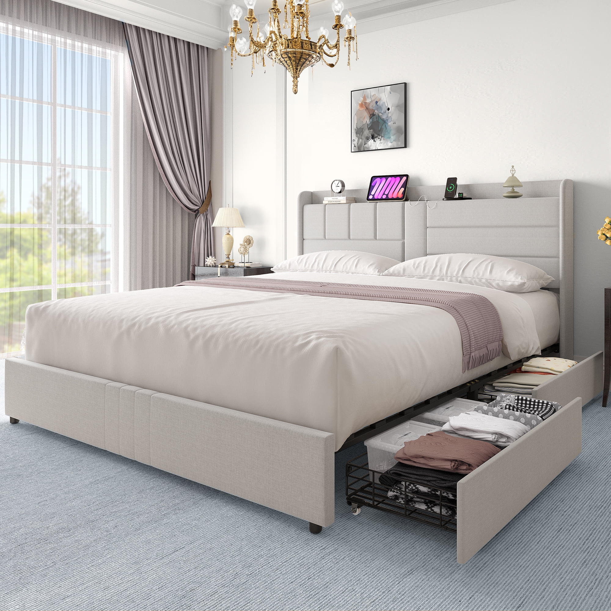 Dextrus King Size Bed Frame with Spacious Storage Drawers, Integrated Charging Ports