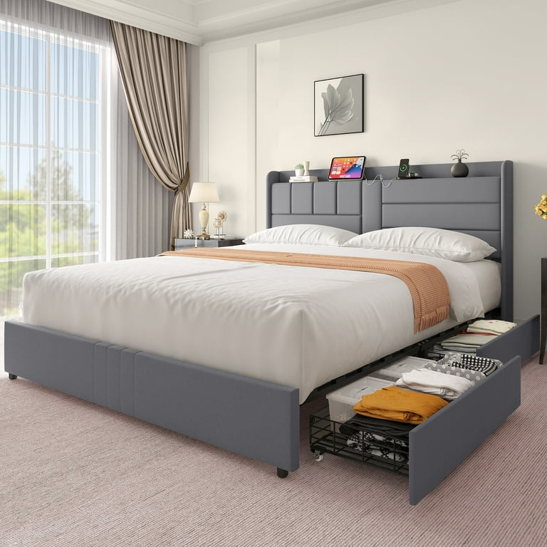 Dextrus King Size Bed Frame with Storage Drawers and Charging Ports Upholstered Platform Bed Grey