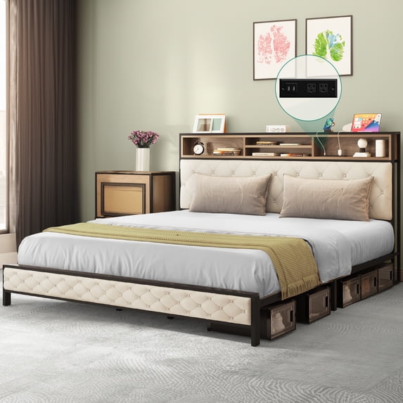 Dextrus King Size Bed Frame with Storage Headboard and Charging Station, No Box Spring Required, Beige