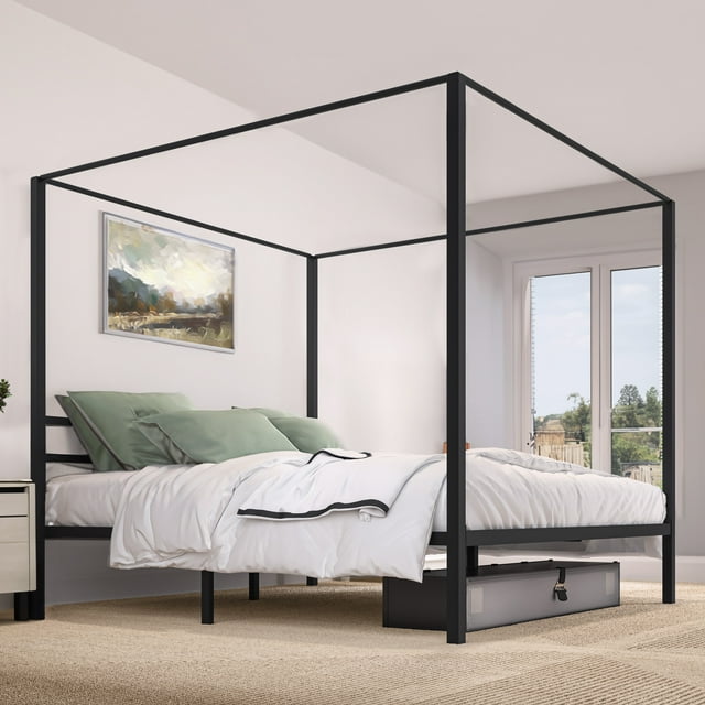 Dextrus King Size Platform Metal Bed Frame with Wooden Slats, Black