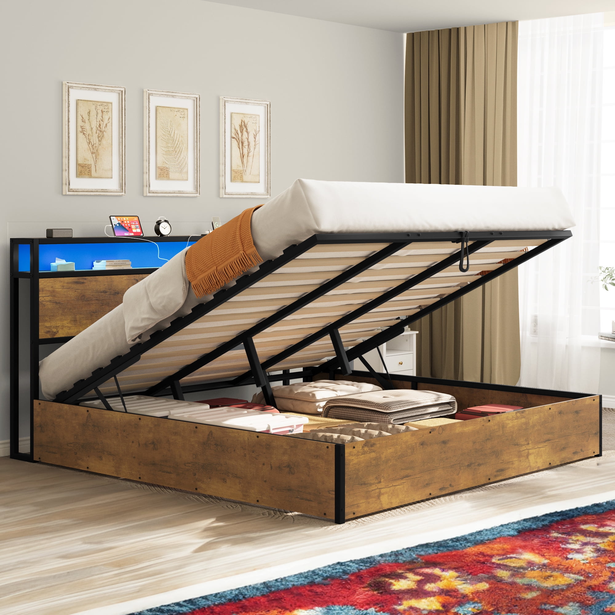 Dextrus King Size Lift Storage Bed Space Saving Design with LED Lit Modernity Lift Storage Bed Frame with Charging Station No Spring Box Needed