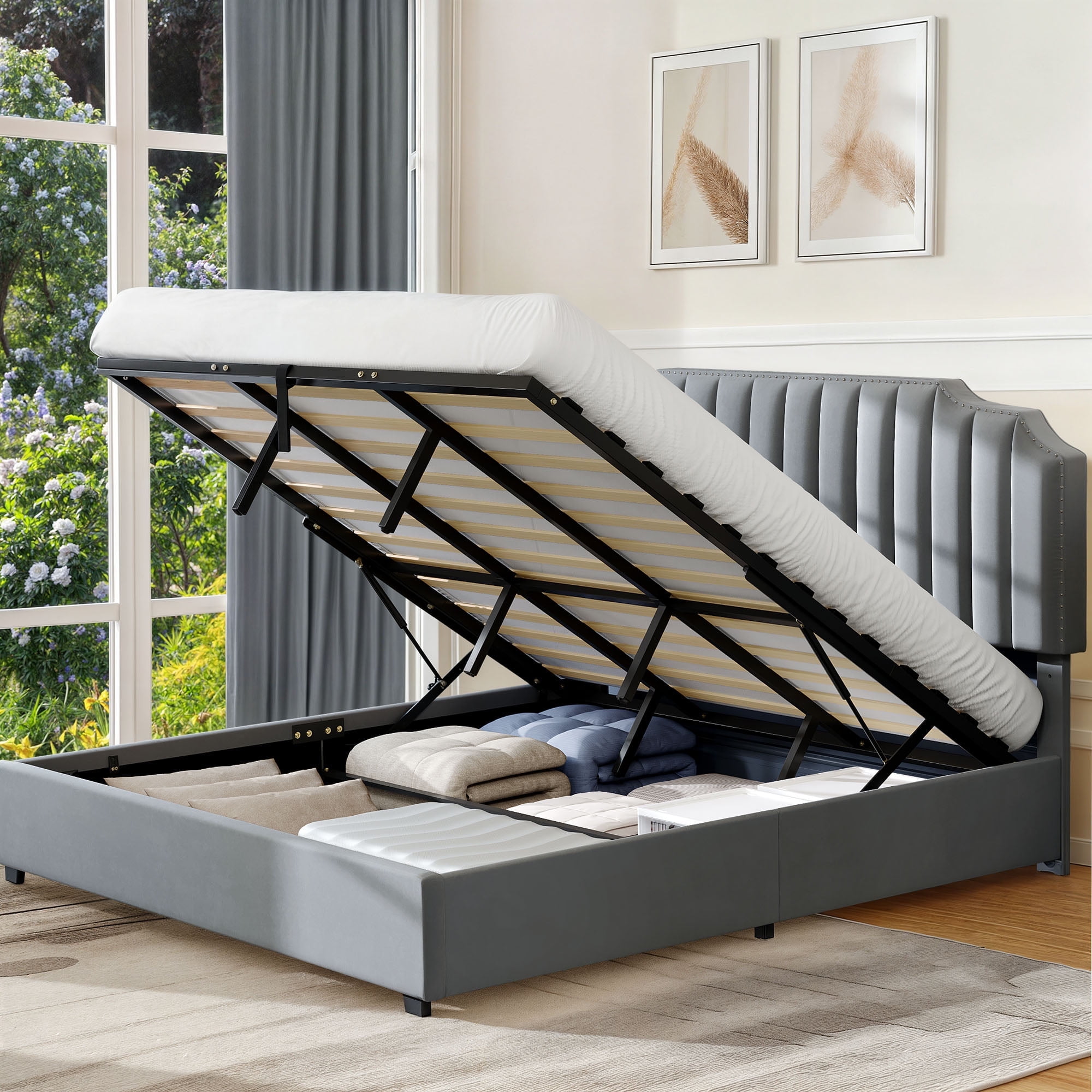 DEXTRUS King Size Lift up Storage Bed, Velvet Upholstered Platform Bed, Fast Assembly, Gray
