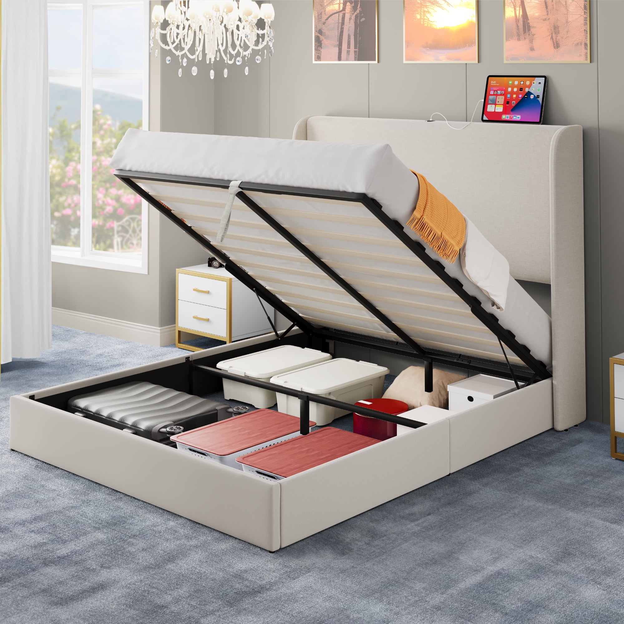 Dextrus King Size Lift Up Storage Bed with High Wingback Headboard Hydraulic Storage No Box Spring Needed Beige