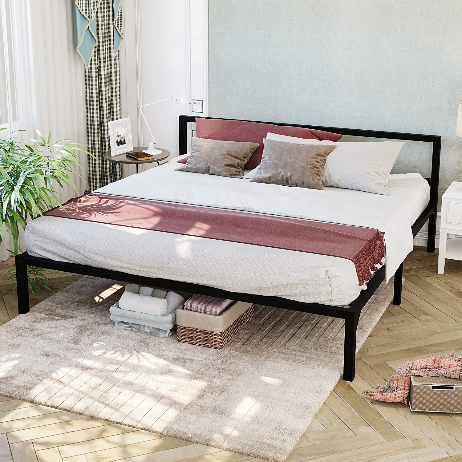 Dextrus King Size Metal Bed Frame with Modern Headboard No Box Spring Needed Easy Assembly for Kids 300 lbs Load Capacity Black