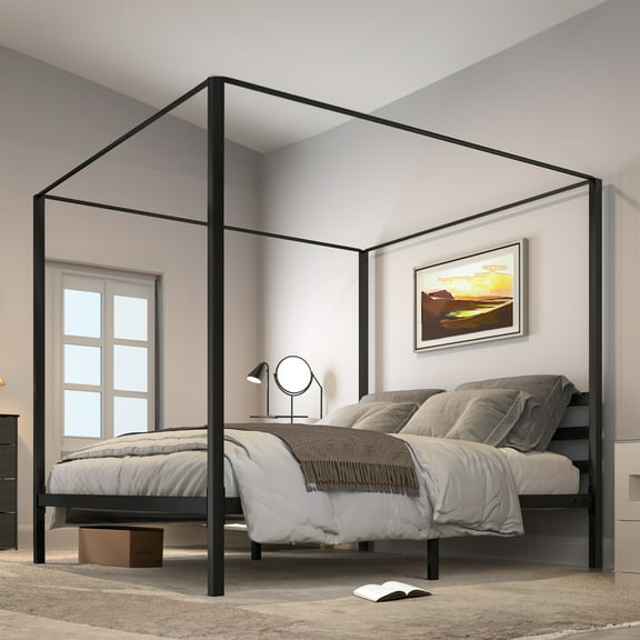 Dextrus King Size Metal Four Poster Canopy Bed Frame, Sturdy Platform with Built-in Headboard, Black