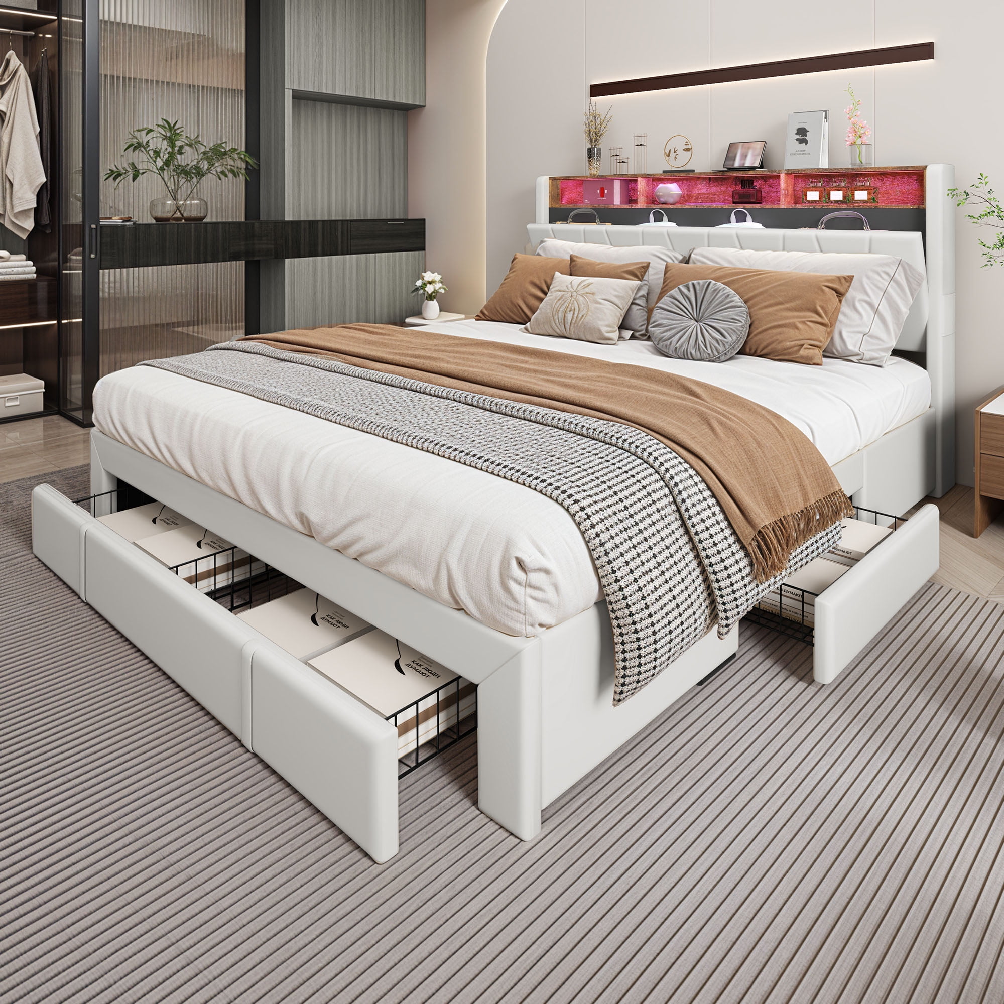 Dextrus King Size Storage Bed Frame, Platform Bed with Upholstered Headboard, LED Light, Charging Station, and 4 Drawers, No Box Spring Needed - Beige