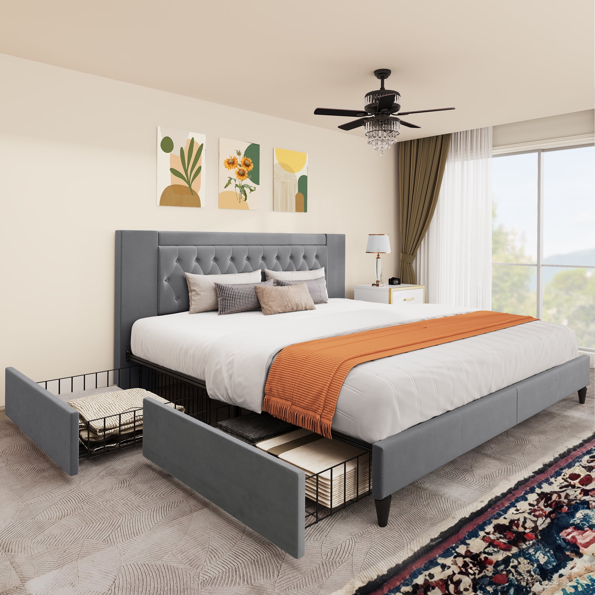 Dextrus King Size Storage Bed Frame with Button Tufted Headboard, No Box Spring Needed, Grey