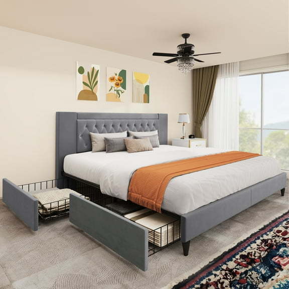 Dextrus King Size Storage Bed Frame with Button Tufted Headboard, No Box Spring Needed, Grey