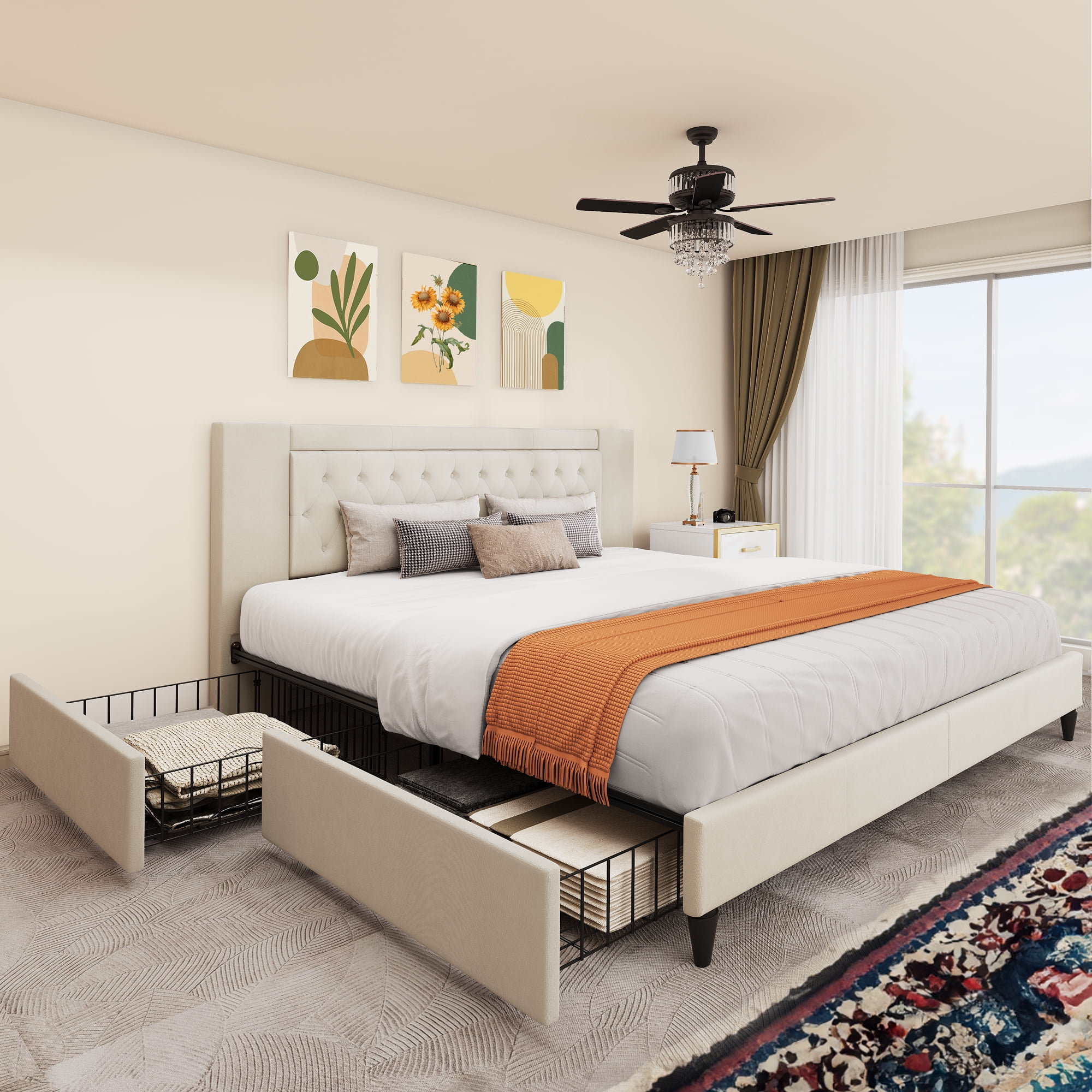 Dextrus King Size Storage Bed Frame with Headboard & 4 Drawers,No Box Spring Needed, Beige