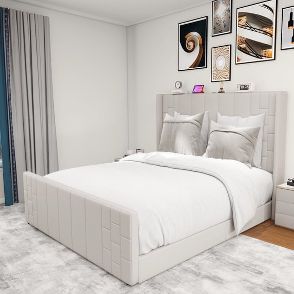 Dextrus King Size Velvet Upholstered Platform Bed Frame with Tall Tufted Wingback Headboard, No Box Spring Needed, Beige
