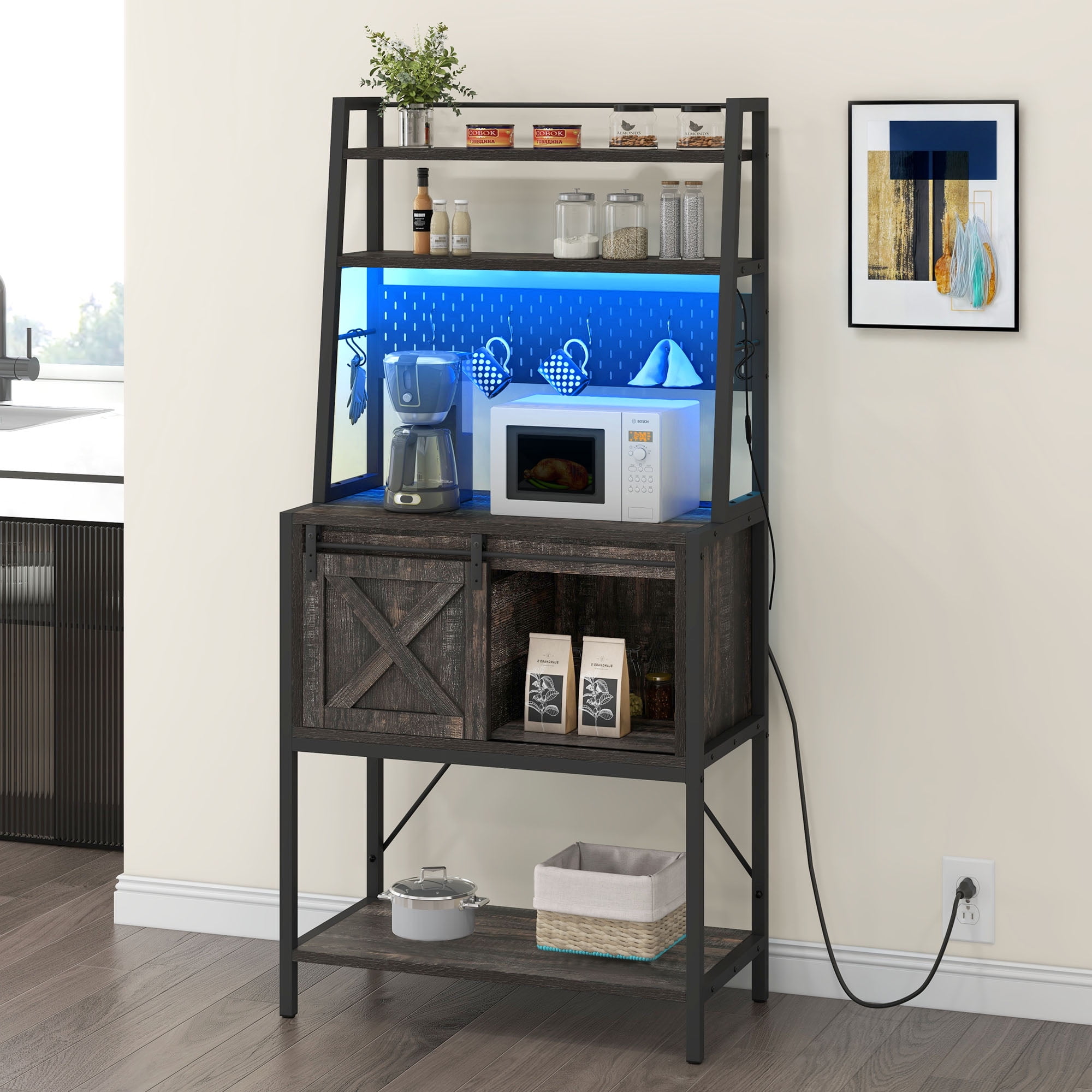 Farmhouse Baker s Rack Storage Drawer Wine Cupboard and Coffee Bar Cabinet Rustic Gray Walmart