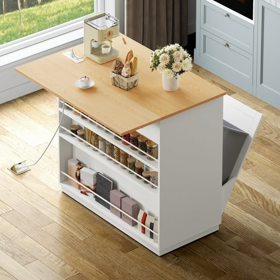 Dextrus Kitchen Island Cart with Drop Leaf & Power Outlets, Kitchen Island with 2 Trash Can Cabinets & Storage Shelves, White