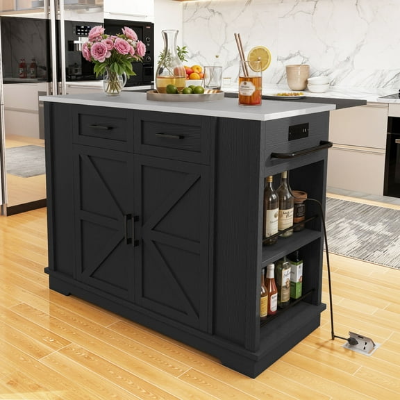 Dextrus Kitchen Island Cart with Storage & Drop Leaf, Kitchen Island Table with Power Outlets, Black