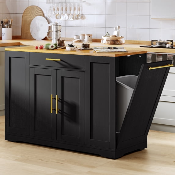 Dextrus Kitchen Island Cart with Trash Can Storage Cabinet, Rolling Kitchen Island Storage with Wheels and Drawers for 13-Gallon Trash Bin, Black