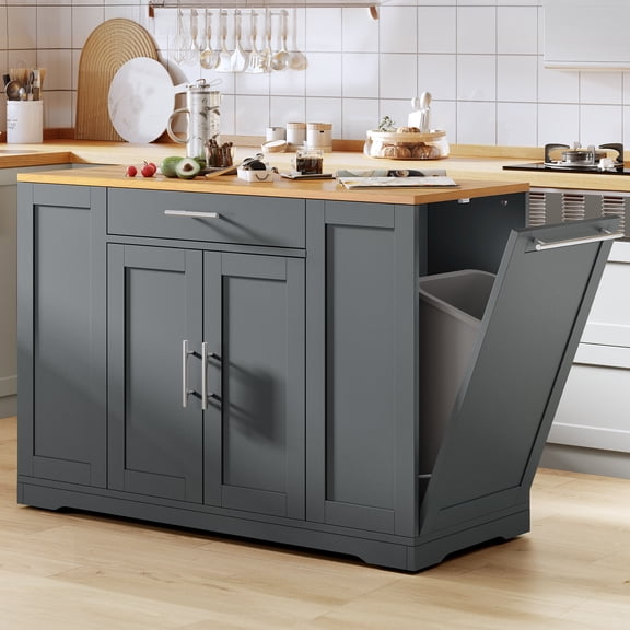 Dextrus Kitchen Island Cart with Trash Can Storage Cabinet, Rolling Kitchen Island Storage with Wheels and Drawers for 13-Gallon Trash Bin, Gray