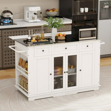 Dextrus Kitchen Island with Drop Leaf & Power Outlets, Kitchen Island Cart with Doors & Drawers, White
