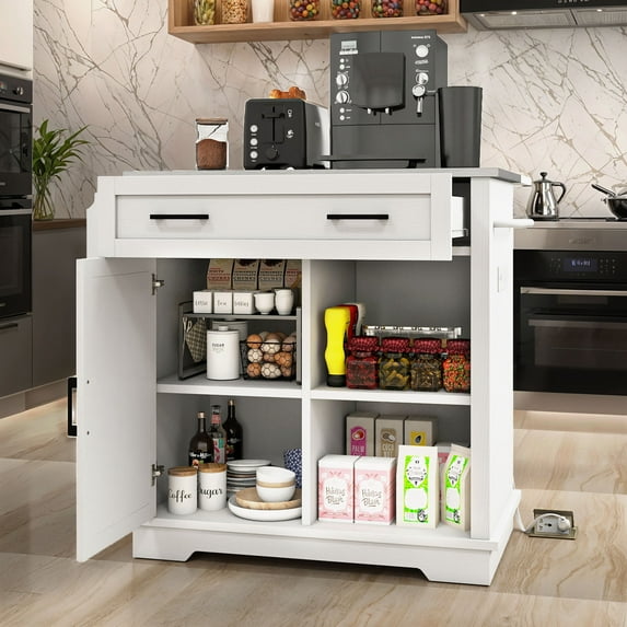 Dextrus Kitchen Island with Drop Leaf & Power Outlets, Storage Cart with Drawer & Door, White
