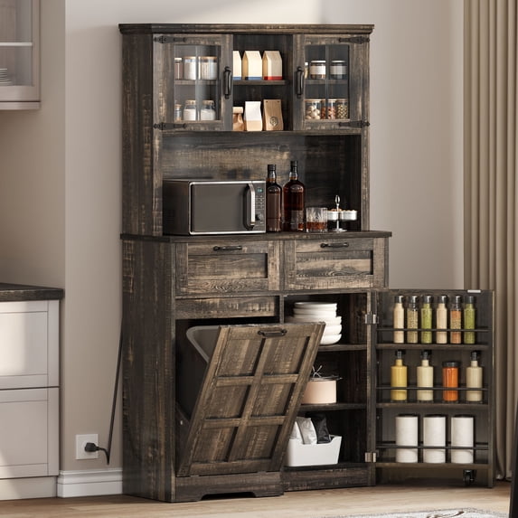 Dextrus Kitchen Pantry Cabinet Fits 10-gal Trash Can, Storage Cabinet with Doors & Drawers, Rustic Oak