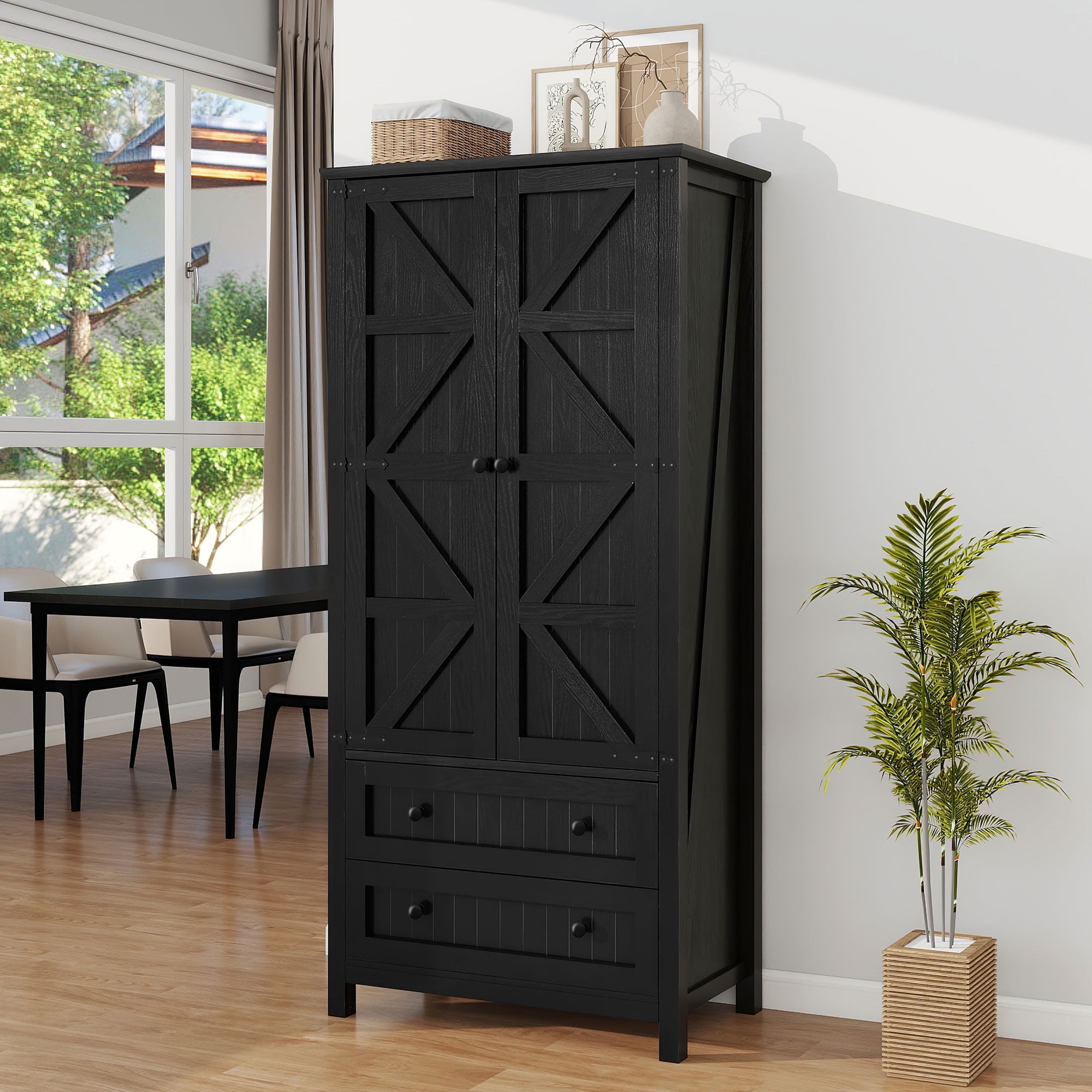 Black Farmhouse Kitchen Pantry Cabinet with Drawers and Shelves